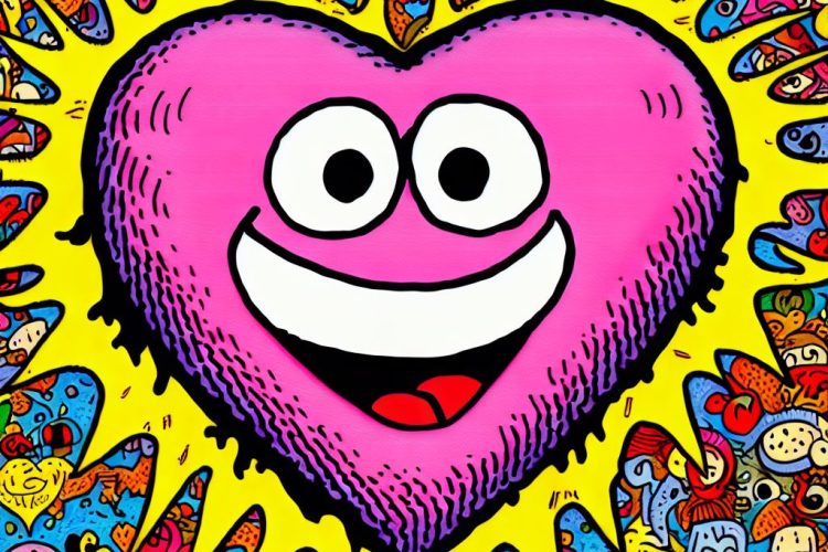 a big pink cartoon heart smiles with love for all the world's people