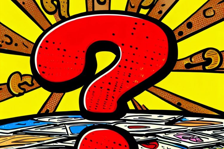 A colorful question mark floats over a deck of cartoon cards